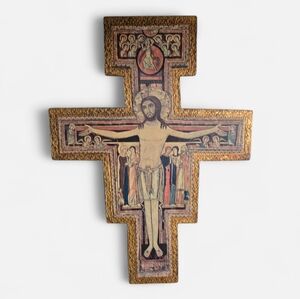 San Damiano cross Antique Crucifix Wood Hanging Icon hand painted gold Tone